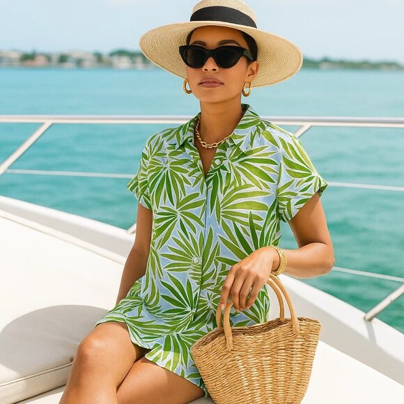 100% Linen Coastal Eclectic Mini Shirt Sun Dress Tropical Print Summer Sundress - Picture 1 of 8